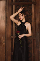 Halter-Neck Midi Dress in Smooth Silk with Cross Front Detail and Fluid Silhouette